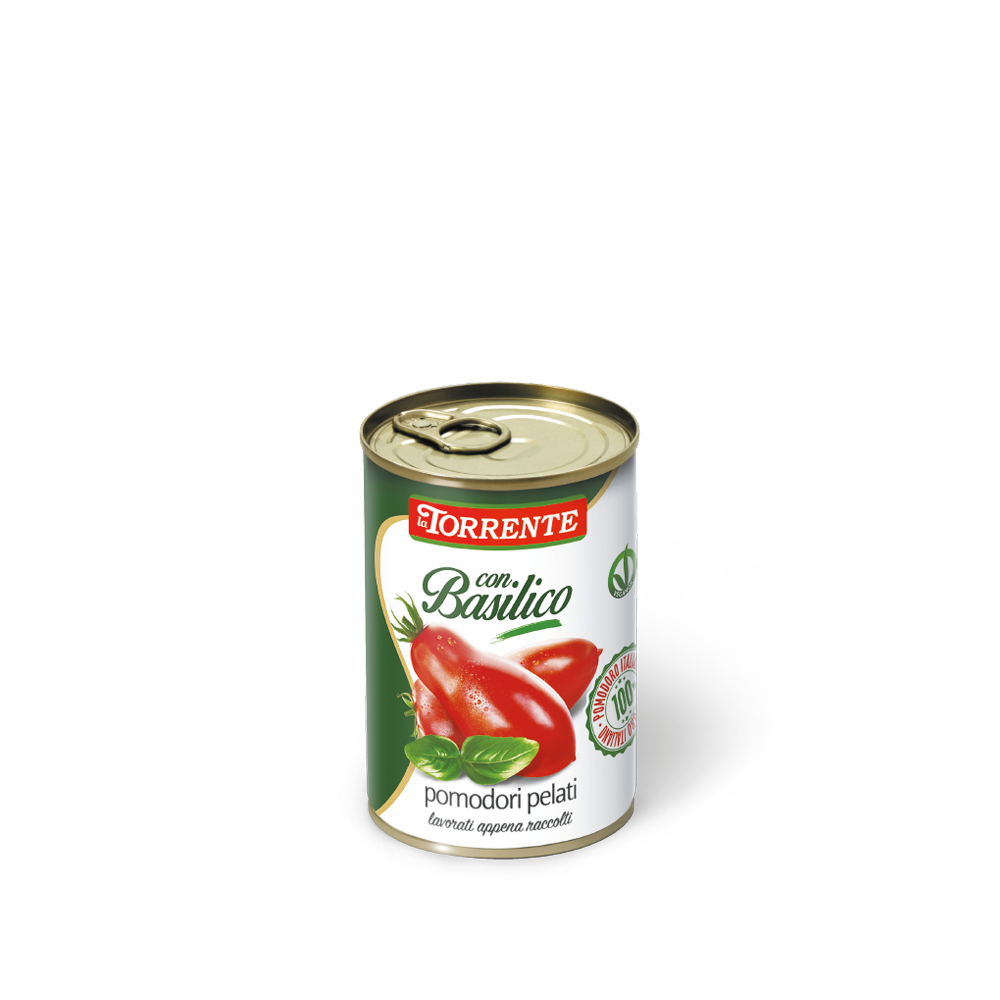 Pomodori pelati interi con basilico